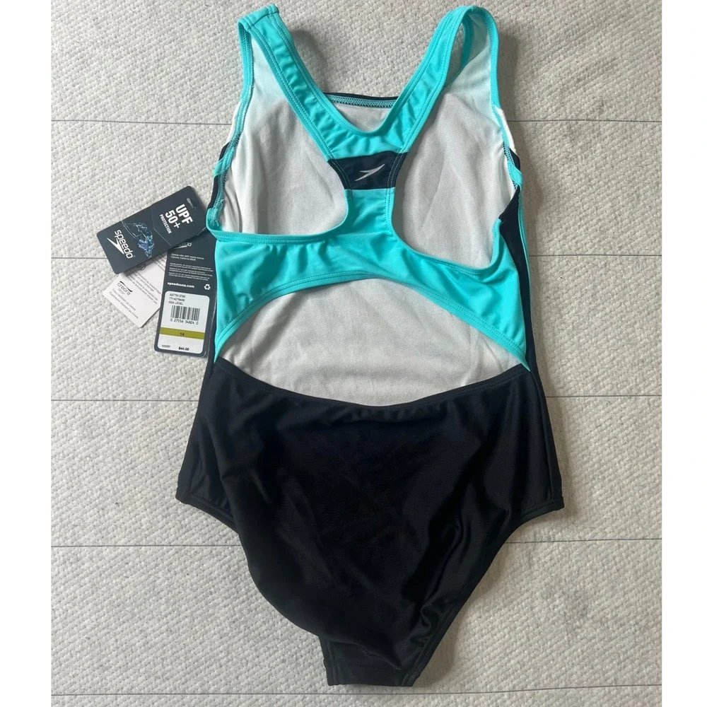 Speedo Girls One Piece Swimsuit Size 14 Black Turquoise UPF 50+ 7714076